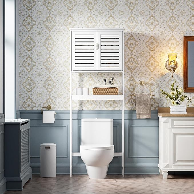 SMIBUY Bathroom Over The Toilet Storage Cabinet, 2 Door Bamboo Cabinet Organizer, Freestanding Space Saver Toilet Rack with Adjustable Inside Shelf and Open Shelf (White)
