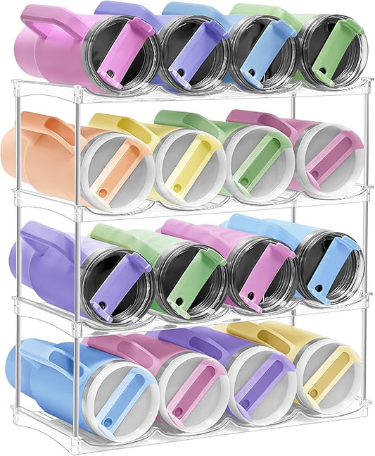 Water Bottle Organizer - Stackable Water Bottle Holder for Cabinet, Large Compartment Tumbler Organizer Wine Racks, Kitchen Organization and Storage for Stanley Cup Holder, 4 Tier Hold 16