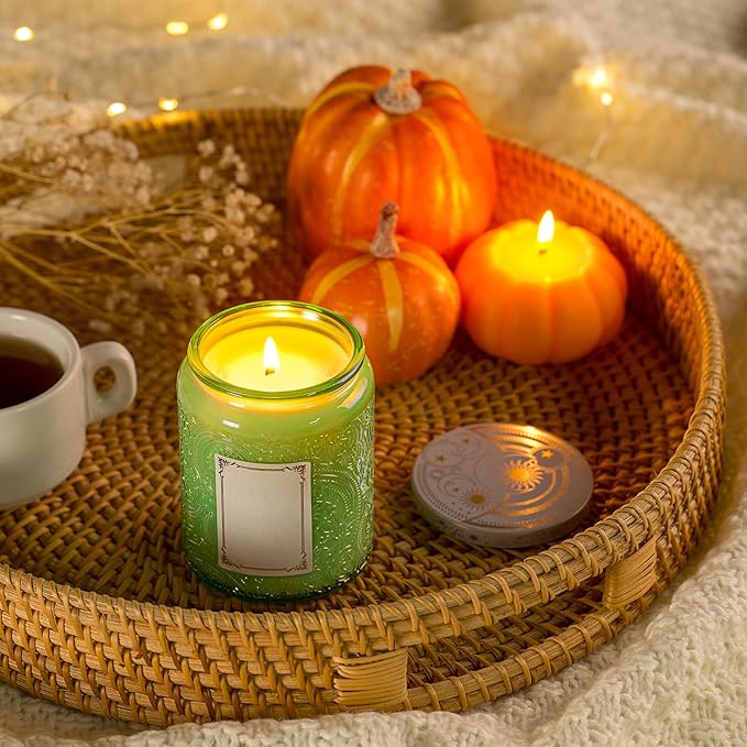Art Secret 9-Pack 8oz Embossed Glass Candle Jars with Lids and Labels - Sun Moon Stars Design (Shining Green)