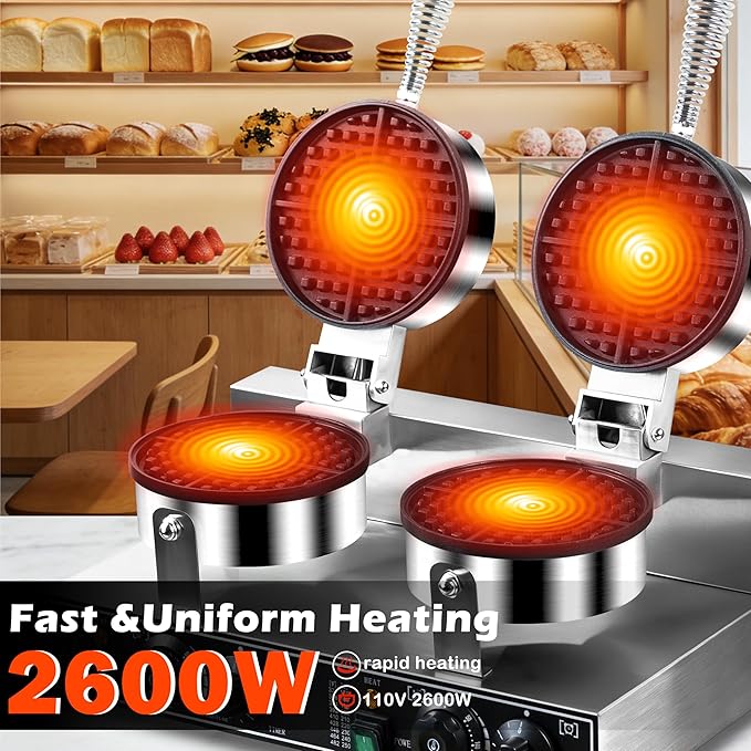 110V 2600W Commercial Double Waffle Maker,Non-Stick Commercial Waffle Baker,Stainless Steel Belgian Waffle Iron for Restaurant Party Food Stall, Bakery Snack Bar Family