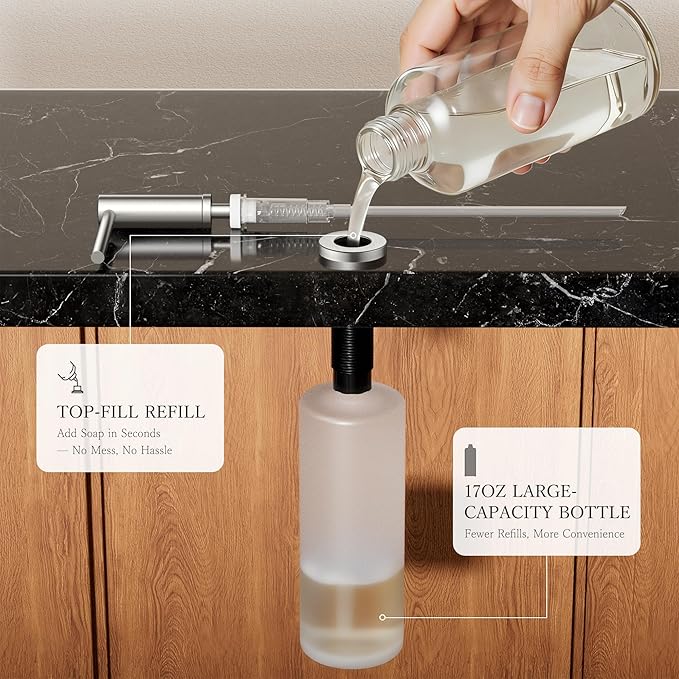FORIOUS Soap Dispenser for Kitchen Sink, Stainless Steel Liquid Dish Soap Dispenser Pump with Top Refill 17oz Soap Bottle, Brushed Nickel Built in Sink Lotion Dispenser for Kitchen Countertop