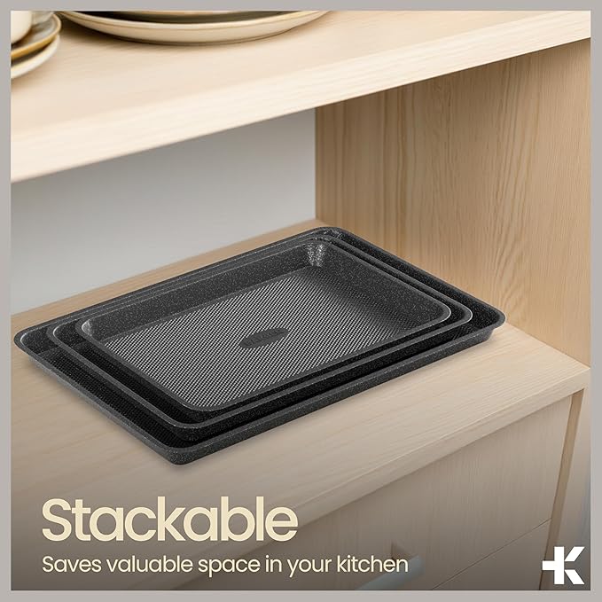 Diamond Bottom Cookie Sheet Set of 2, Nonstick Gray Marble Carbon Steel Baking Pans for Crisp Baking, Space-Saving Stackable Trays, PFOA, PFOS, PTFE Free, Oven Safe Up to 450°F, Small & Medium Pans