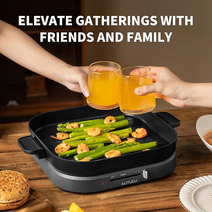 AUTUCU T2NA 2-in-1 Electric Griddle Nonstick Flat Grill, PFOA-Free Ceramic-Coated Surface | Easy to Clean, 1200W, Square 11.3" (Includes Tongs)