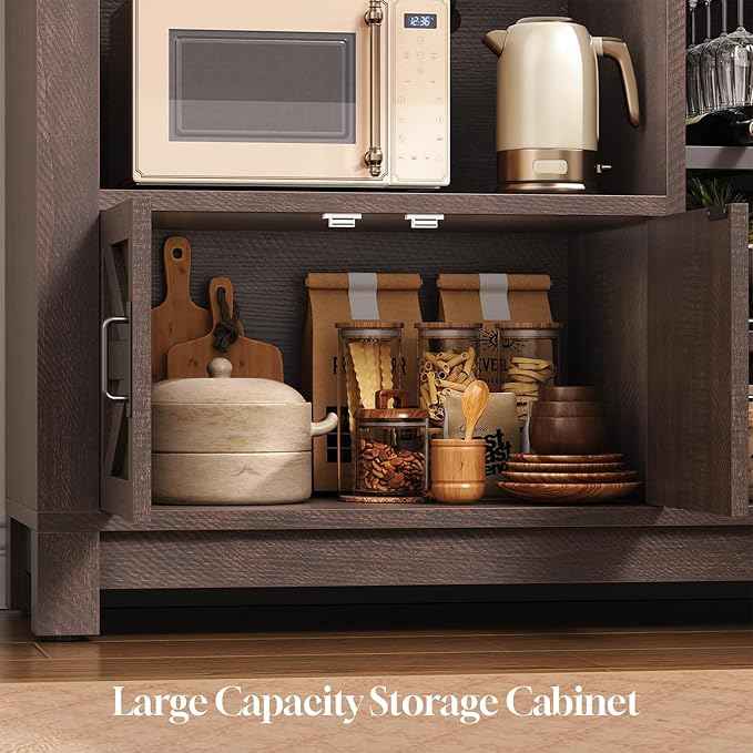 Itaar 73" Tall Arched Bakers Rack with Power Outlet and LED Light, Farmhouse Coffee Bar Cabinet, Kitchen Microwave Stand with Storage for Kitchen, Dining Room, Living Room, Brown