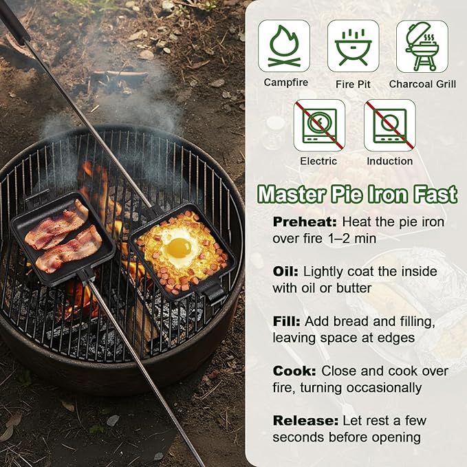 AILITOR Mountain Pie Maker Cast Iron Set of 2 - Pie Irons for Camping with Storage Bag, Campfire Sandwich Maker Cast Iron