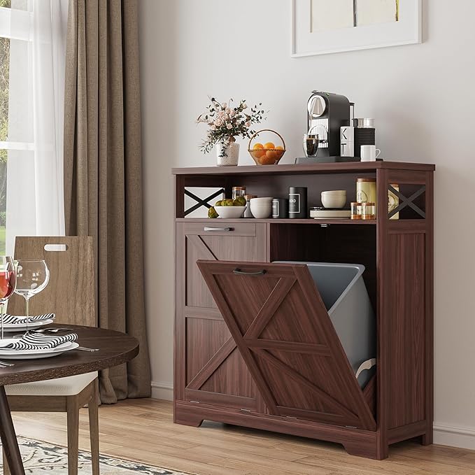 Befrases Double Tilt Out Trash Can Cabinet for 13 * 2 Gallon Garbage Can, Farmhouse Kitchen Garbage Trash Bin for Hidden Laundry Basket, Dual Dog Proof Recycling Cabinet for Living Room, Dark Brown