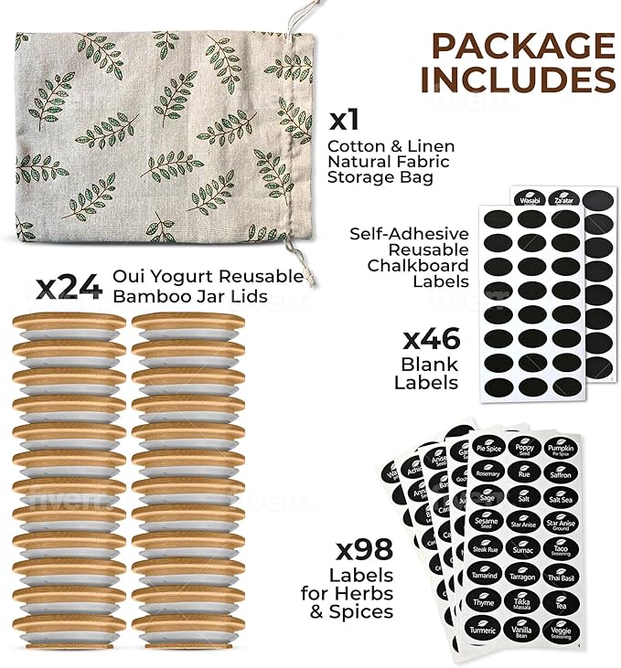 Oui Yogurt Jar Lids Bamboo Olive Branches – 24 Pack Airtight Reusable Oui Jar Covers with Silicone Seal – Oui Yogurt Jar Lids Wood for Yogurt Jars – Includes Chalkboard Labels & Storage Bag