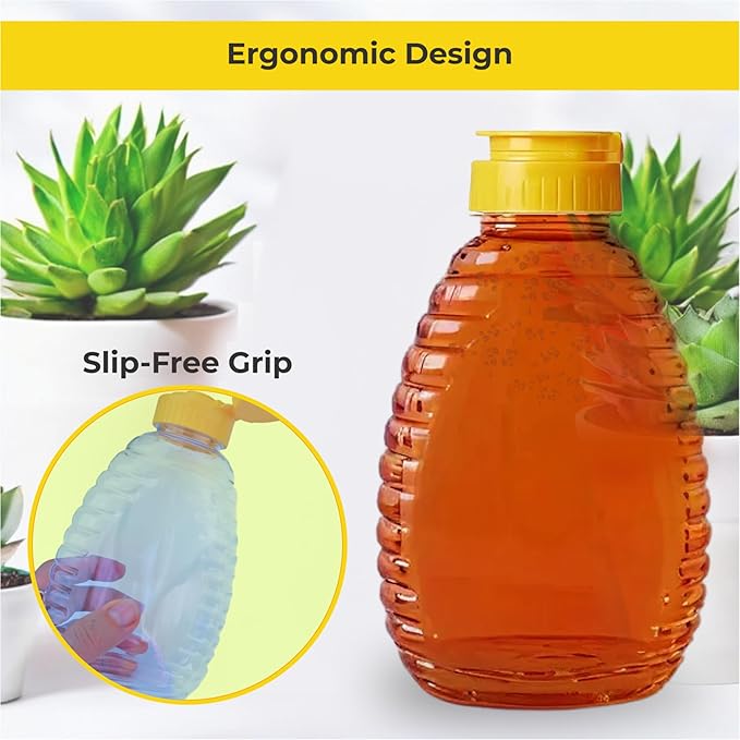 Skywin TidyFriend Honey Bottles 32 oz – 10 Pack Empty Honey Squeeze Bottle with Flip Lid & Seal, Clear Plastic Beehive Design, PET Containers