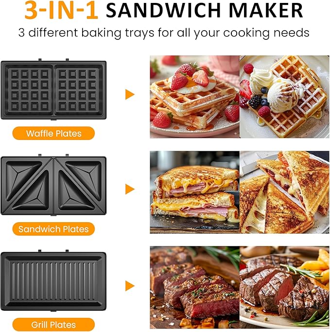 3 in 1 Waffle, Grill & Sandwich Maker, Sandwich Maker Panini Press Waffle Iron Set with Removable Non-Stick Plates & Indicator Lights, Panini Press Grill for Breakfast, 800W, Black