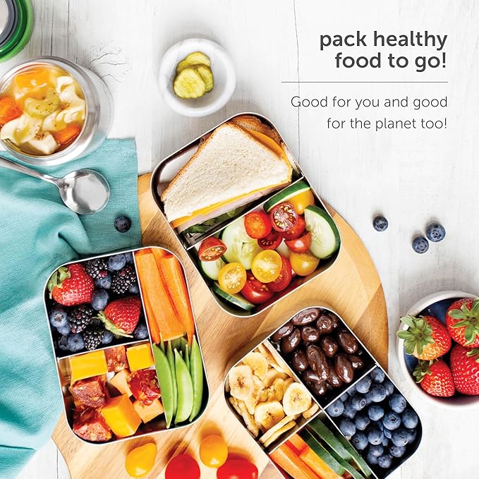 LunchBots Large Cinco Stainless Steel Lunch Container - Five Section Design Holds a Variety of Foods - Metal Bento Box - Dishwasher Safe - Stainless Lid
