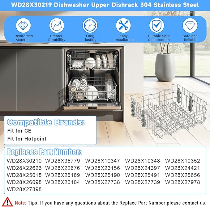UPGRADED WD28X35779 WD28X30219 Dishwasher Upper Rack Compatible with GE Dishwasher Rack Replacement Parts with Wheel,304 Stainless Steel WD28X30219 WD28X25018 WD28X26104 GE Dishwasher Upper Rack Part