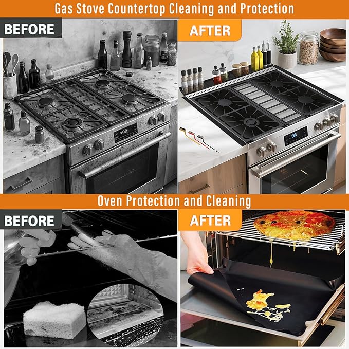 Stove Gap Covers Stainless Steel 2PC(0.08"–0.7"W,13.8"–27.5"L)+4PC Gas Burner Covers+2PC Oven Liners+30"(2x15") Silicone Magnetic Stove Shelf|Universal Gas Stove Accessory Bundle Bonus 3 Brushes