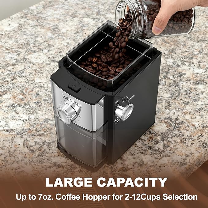 Electric Flat Burr Coffee Grinder, Compact Coffee Grinder for Home Use, Burr Mill Grinder with 17 Precise Grind Settings, 7oz Large Hopper, Removable Burr & Coffee Container
