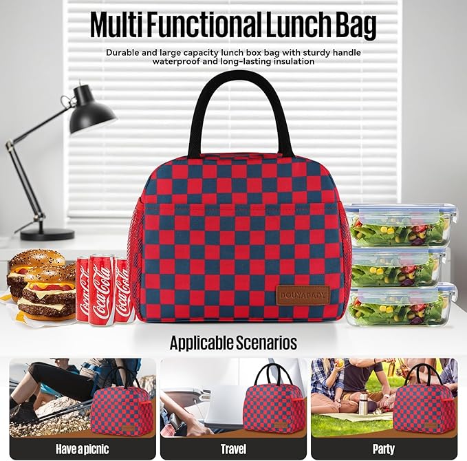 douyadady Lunch Bag Women/Men Lunch Box Women/Men (Dark blue+Red Checkerboard)