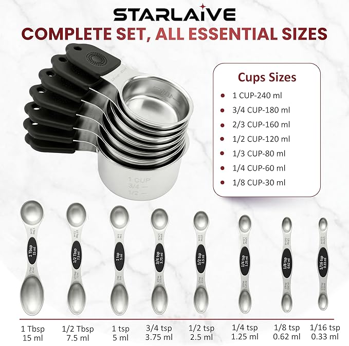 16-Pcs Measuring Cups & Magnetic Spoons Set with Leveler, Food-Grade Stainless Steel, Stackable Design, Silicone Handles, Precise Metal Measuring Cups and Spoons Set for Cooking & Baking (Black)