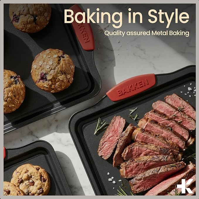 BAKKEN Kitchen Baking Pans - 15.15 x 10.03" Medium Nonstick Sheet, Durable Carbon Steel Cookie Sheet with Red Silicone Handles, PFOA, PFOS, PTFE Free, Oven Safe Tray (Up To 450°F), Set of 1