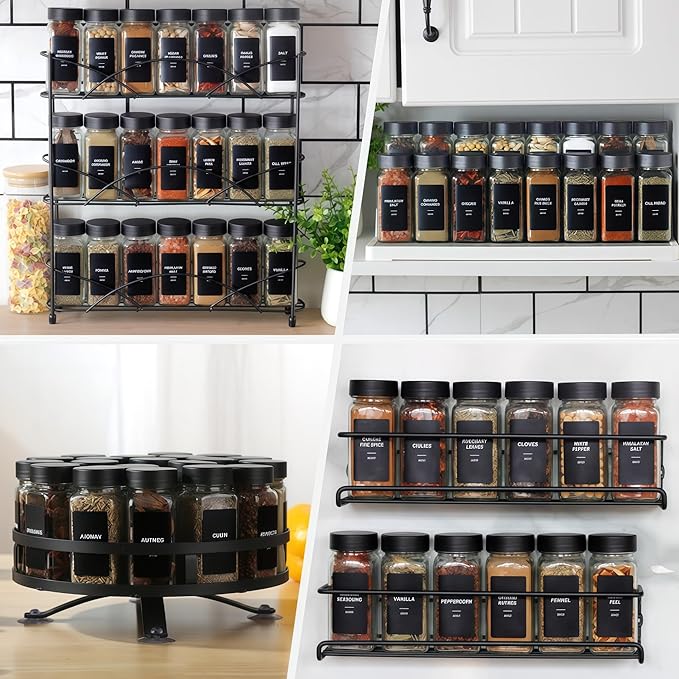 48Pcs Spice Jars Containers with Labels，4oz Black Seasoning Bottles with Shaker Lids for Rack, Cabinet, Drawer,Empty Square Condiment Pots (48, Black)