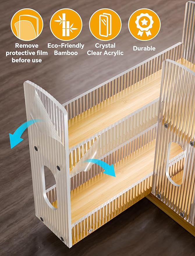 NiHome Bamboo Pull-Out Spice Rack Organizer for Cabinet, 3-Drawer Vertical Slide Out Seasoning Rack Storage Shelf for Kitchen Pantry, Bamboo Frame with Wave-Pattern Acrylic Divider (8.5” Wide, 2-Tier)