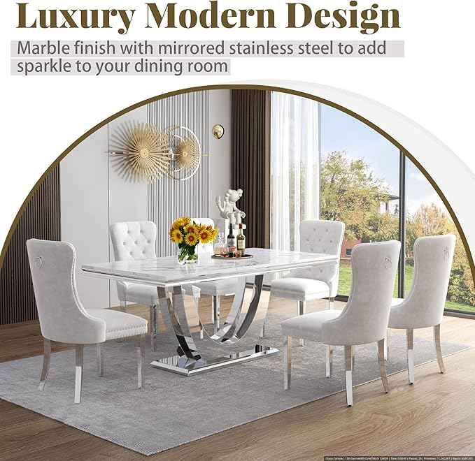 Marble Dining Table Set for 6,70" White Faux Marble Kitchen Tables and Velvet Chairs for 6,7 Piece Luxury Dining Room Table Set and 6 Upholstered Chairs with Silver Stainless Steel Bases