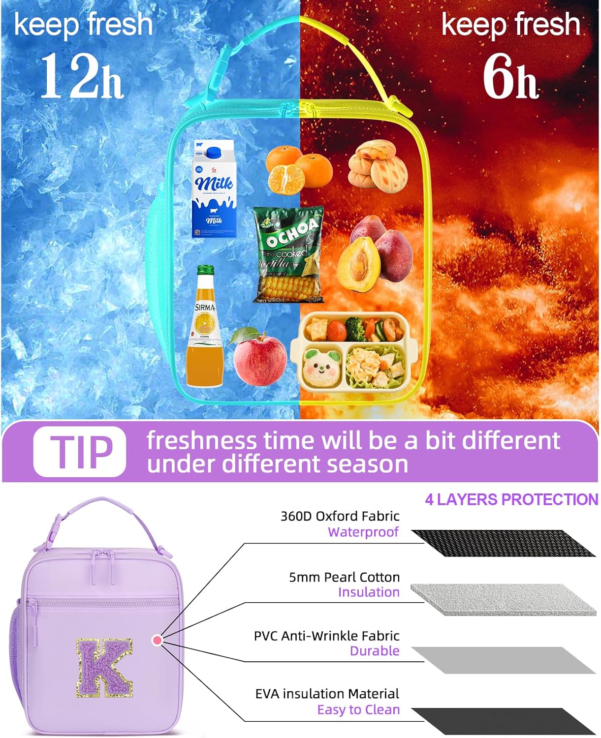Initial Insulated Lunch Bag for Girls Kids, Back to School Gift, Reusable Leak-proof Lunch Box with Adjustable Strap for School Daycare Travel Picnic (Purple,K)