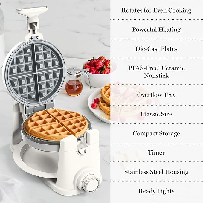 Martha Stewart Rotating Waffle Maker, 180° Flip Iron with PFAS-Free Nonstick Plates, Adjustable Timer, Ready Light, Drip Tray, Space Saving, Classic Round 7”, Easy to Clean, Stainless Steel, Linen