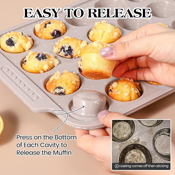 2 Pcs Silicone Muffin Pans for Baking with Metal Reinforced Frame, Nonstick Cupcake Tray for Oven, 24 Cups Mini Size Silicone Molds for Egg Bites, Dishwasher Safe (Brown, Cream)