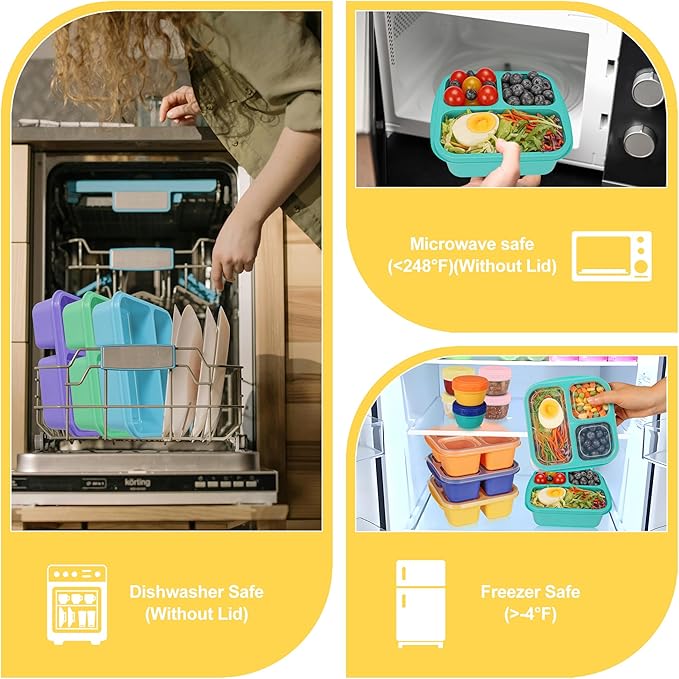 TOUWMX Bento Box For Kids, 4 Pack 3 Compartments Lunchable Meal Prep Containers Lunch Containers, Reusable Snack Containers with Lids, Snack Boxes for School, Work, and Travel