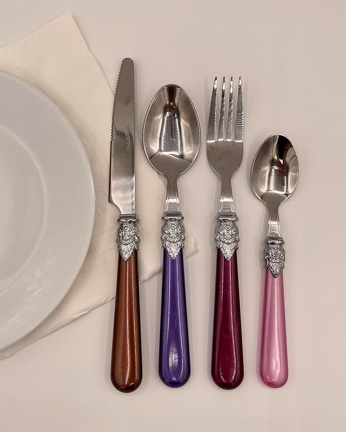 The Original Brink House Gala Mix & Match Stainless Steel Cutlery Set with High-Sheen Baroque Handles / 16 pieces with Metal Stand, Lifestyle utensils set for home, first apartment, dorm, dinner party