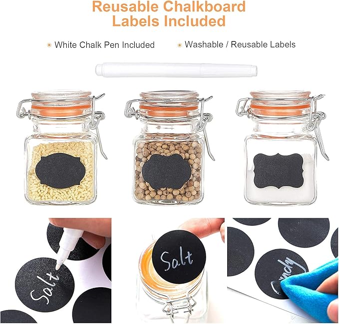 3.4 oz Small Glass Spice Jars with Lables, 24 Pack Empty Mini Square Spice Bottles with Airtight Flip Top Lids, Chalkboard Labels and Collapsible Funnel for Home and Kitchen