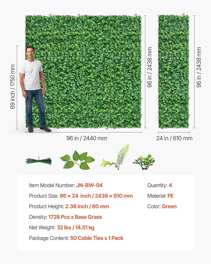 VEVOR Artificial Plant Wall, 4 PCS, Each Panel 2 x 8 ft Artificial Boxwood Panels, Sun Protection Greenery Backdrop Privacy Hedge Fence, Fake Grass Screen for Wedding, Indoor,Outdoor Garden Mixed Leaf