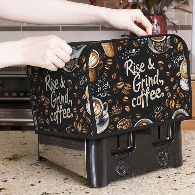 Coffee Theme Covers for Toasters 4 Slice,Cute Funny Bread Machine Cover with Handle,Washable Stain Resistant Kitchen Small Appliance Cover Dining Decor