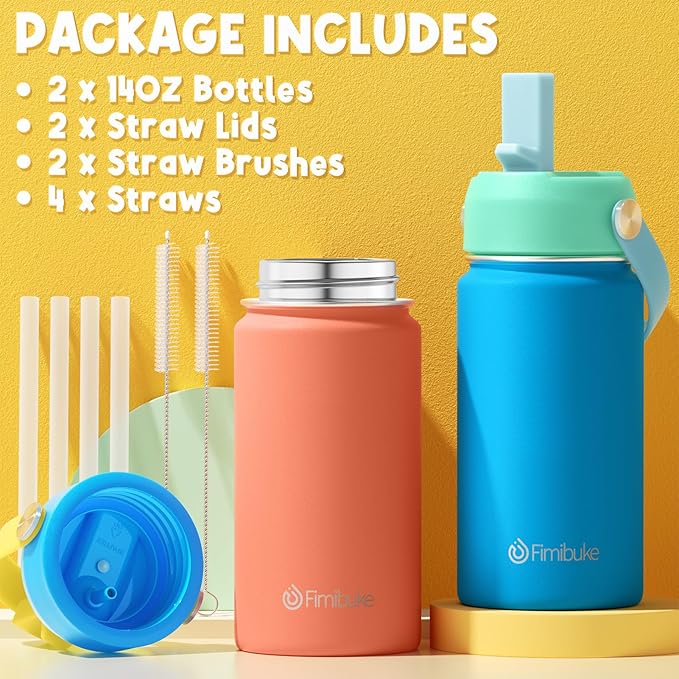 Fimibuke Kids Insulated Water Bottle, 14oz BPA FREE Double Wall Vacuum Tumbler 18/8 Stainless Steel Leak Proof Kids Cups with Straw Metal Water Bottle for School Boys Girls (2 Pack, Coastal)