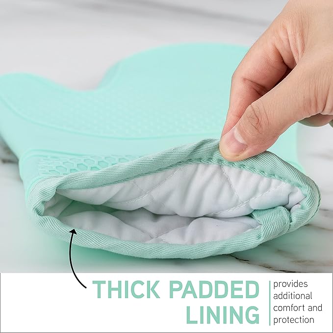COOK WITH COLOR Silicone Oven Mitts- Heat Resistant Gloves with Soft Quilted Lining Oven Mitt Pot Holders for Cooking and BBQ, Mint, Mitt Set