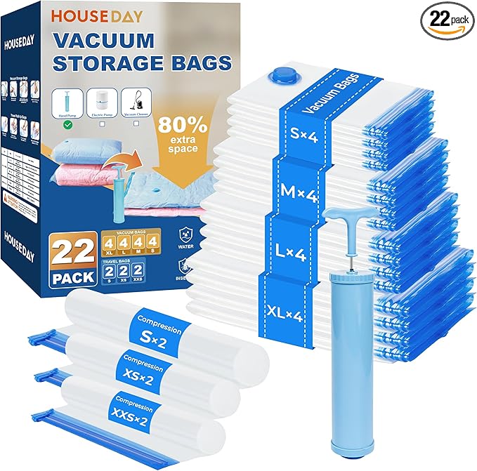 HOUSE DAY 22 Pack Vacuum Storage Bags with Pump,Space Saving Vacuum Seal Bags For Clothing Travel,4 Jumbo/4 Large/4 Medium/4 Small, 2S/2XS/2XXS Roll Up Bags, Hand Pump Included, Sealer Clothes Storage