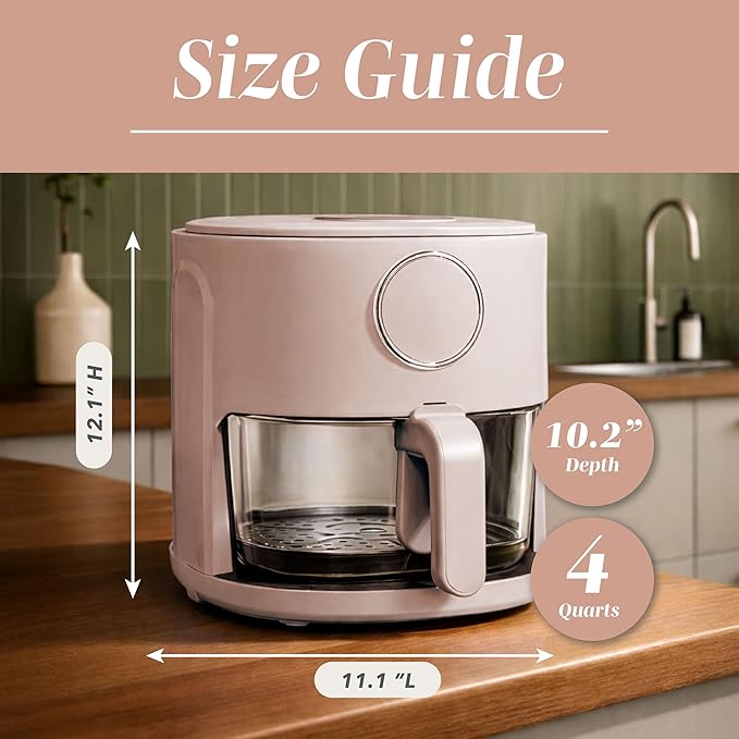 COOK WITH COLOR Colorful 1200W 4Qt Air Fryer: Glass Basket, Dishwasher Safe, 60min Timer, 6 Presets, Temp Control 175F-400F, 4 QT, Dusty Rose