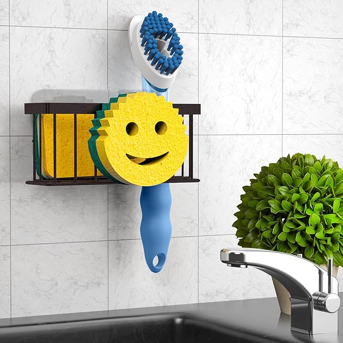 Sponge Holder Smiley Face,Sink Caddy for kitchen Sink, Kitchen Organizer Sponge Holder with 2 PCS Suction Cups/1 PCS Adhesive Strips,Designed for Sponge,Soap,Dish brush,Scrubber-Bronze