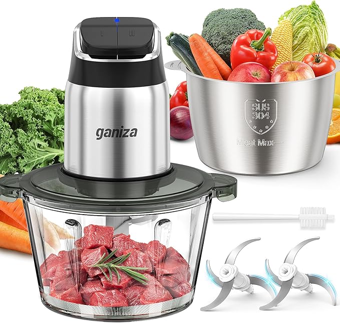 GANIZA Food Processors, Electric Chopper with Meat Grinder & Veggie Chopper - 2 Bowls (8 Cup+8 Cup) with Powerful 450W Copper Motor - Includes 2 Sets of Bi-Level Blades, 2 Plastic Covers