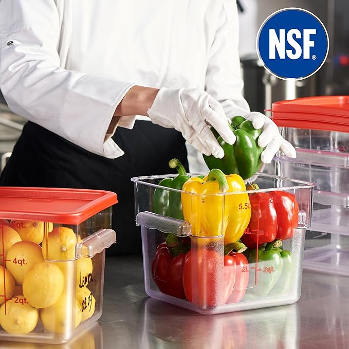 CURTA 8-Pack 6 Qt NSF Clear Polycarbonate Food Storage Containers with Red Lids - Square, Commercial-Grade, Freezer & Dishwasher Safe, Stackable
