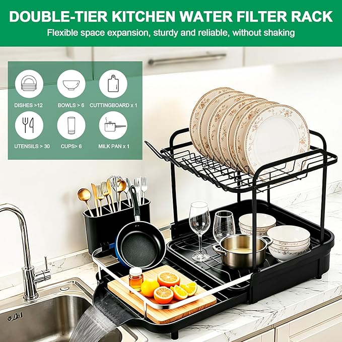 Dish Drying Rack for Kitchen Counter, 2 Tier Large Expandable Dish Drainer with Drainboard Set and Removable Utensil Holder, Space-Saving Countertop Organizer
