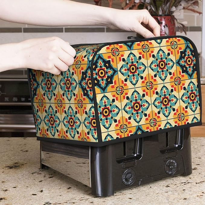 Brown Boho Tile Covers for 4 Slice Toasters,Cute Country Bread Machine Cover with Handle,Washable Stain Resistant Kitchen Small Appliance Cover Dining Decor