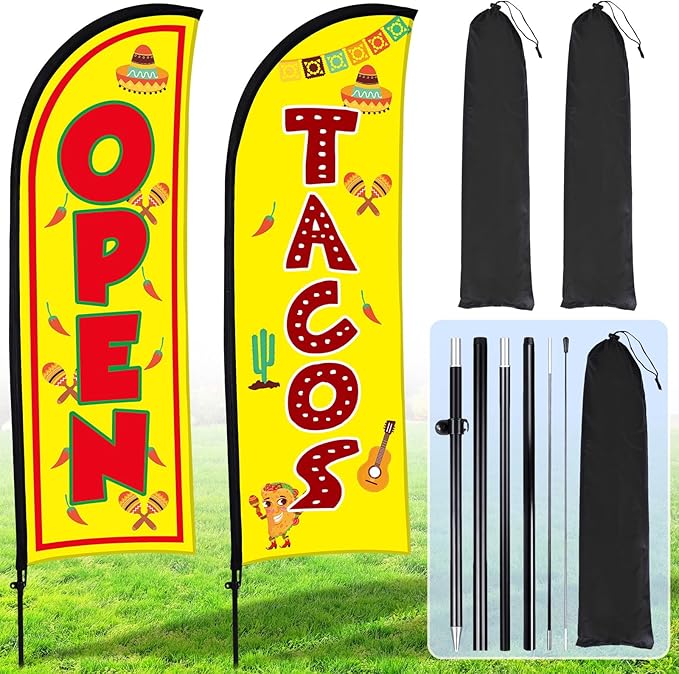 Buryeah Feather Banner Feather Flag Taco Sign Business Signs for Outside Open Flags for Businesses with Pole Ground Stake Portable for Mexican Restaurants, Diners, Markets(Yellow)