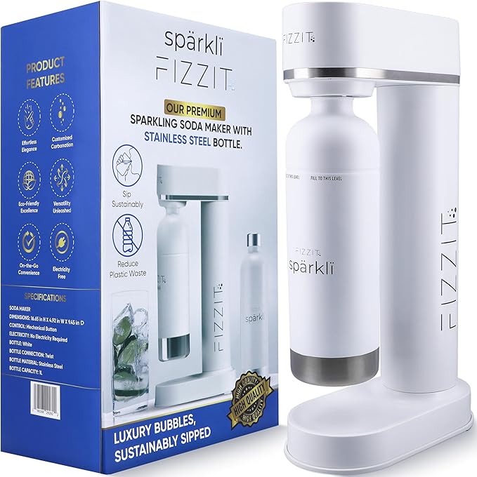 Fizzit Stainless Steel Sparkling Water Maker Bundle | Includes Soda Maker, CO2 Cylinder, & 12-Flavor Variety Pack | Customizable Carbonated Water Machine, Reusable bottle & Eco-Friendly