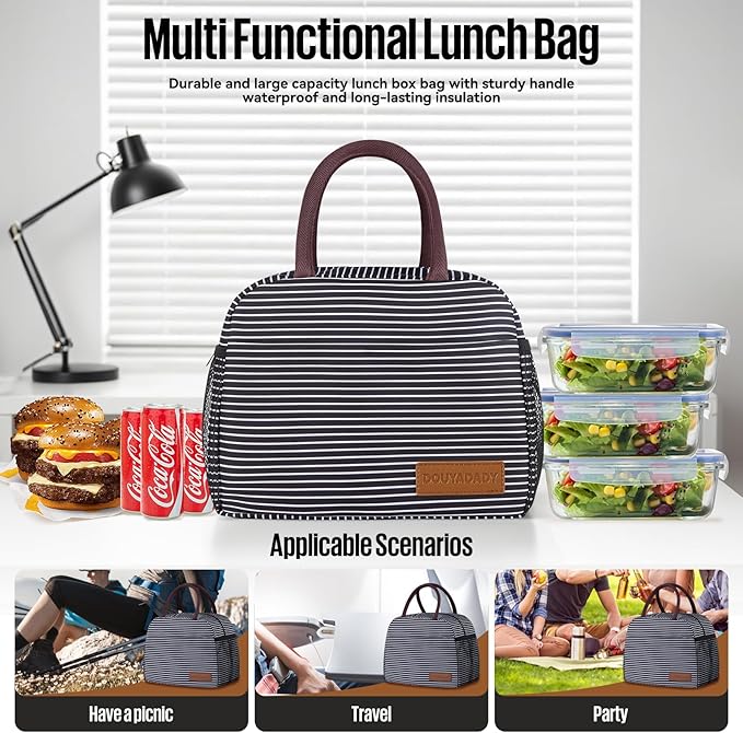 douyadady Lunch Bag Women/Men Lunch Box Women/Men (white&black stripe)