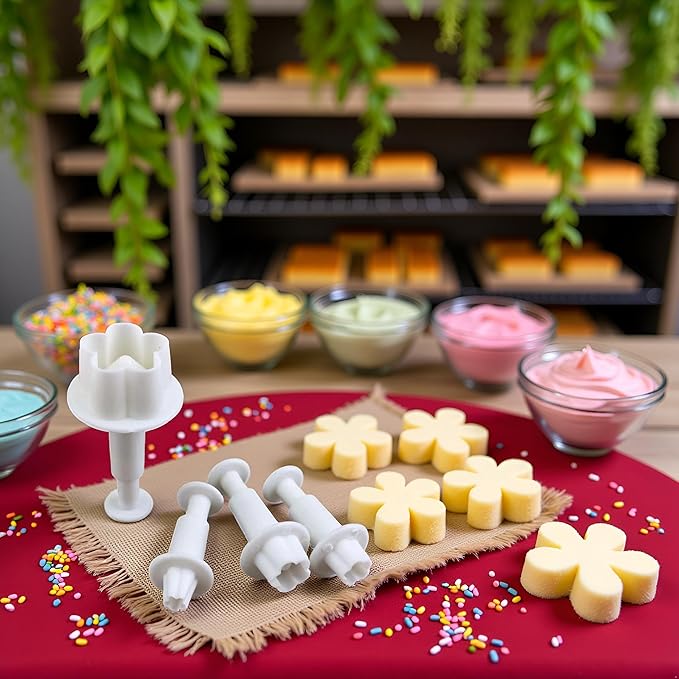 4Pcs White Flower Plunger Cookie Cutter DIY Blossom Flower Cake Fondant Mold Plastic Cake Decorating Tools Baking Accessories Cookie Cutters For Baking Plastic, Dessert and Candy Sculpting Tools