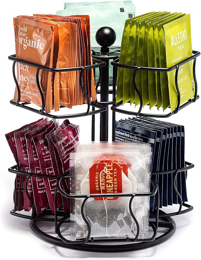 Sorbus Tea Bag Spinning Carousel - Tea Caddy Organizer for Countertop - Matcha Station Accessories - 2 Tier Revolving Storage for Pantry - Holds Up to 60 Large Tea Bags