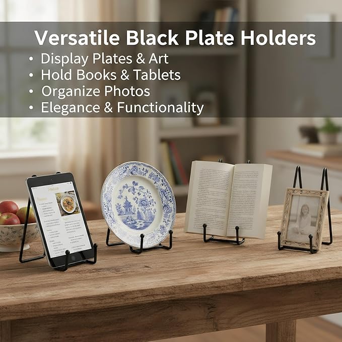 Plate Stands Holder - 3 Pack, Picture Frame Display for Bookcase, Photo on Table Top (Black, 8")
