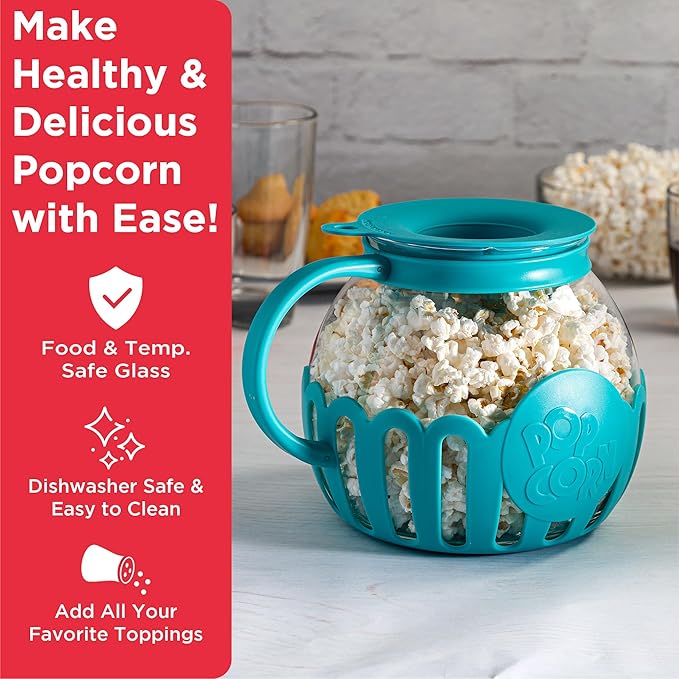 Ecolution Patented Micro-Pop Microwave Popcorn Popper with Temperature Safe Glass, 3-in-1 Lid Measures Kernels and Melts Butter, Made Without BPA, Dishwasher Safe, 3-Quart, Teal