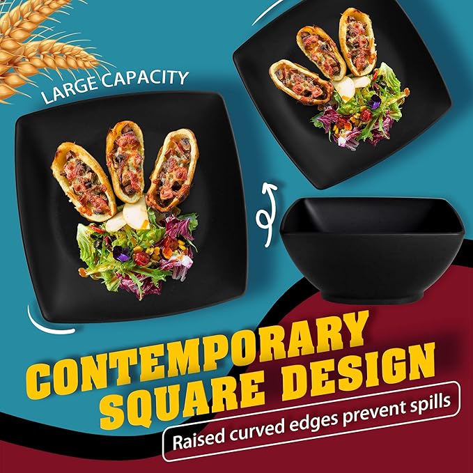 Teivio 48-piece Plastic Wheat Straw Square Dinnerware Set for 12, Unbreakable Dinner Plates, Salad Plates, Snack Bowls, Tumblers 13.5 oz, Dishwasher Safe Kitchen Outdoor Camping RV Dish, Black