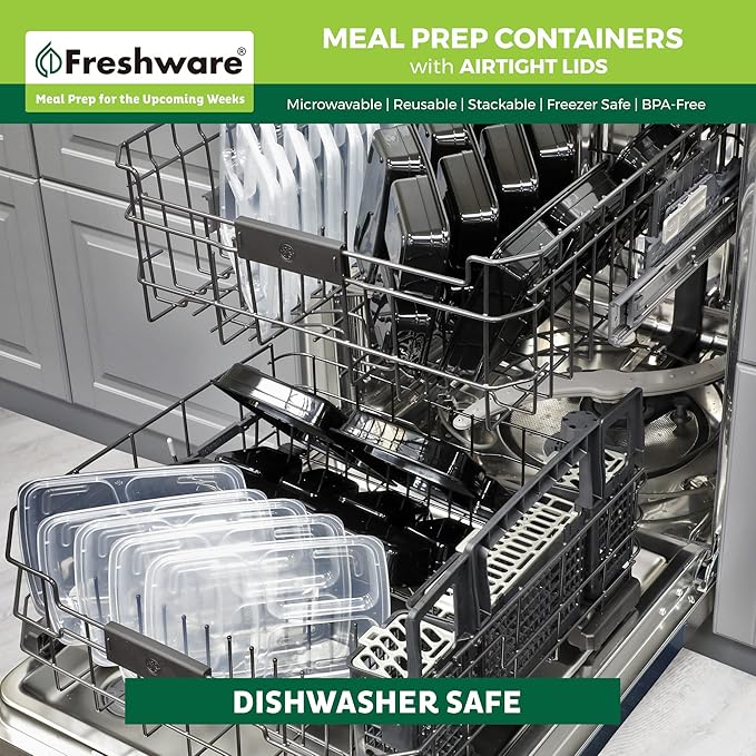 Freshware Bento Box Meal Prep Containers, 3-Compartment, 32 ounce, 15-Pack