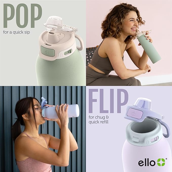 Ello Pop & Fill 40oz Stainless Steel Water Bottle with Quick Fill Technology, Double Walled and Vacuum Insulated Metal, Leak Proof Locking Lid, Sip and Chug, Reusable, BPA Free, Aurora